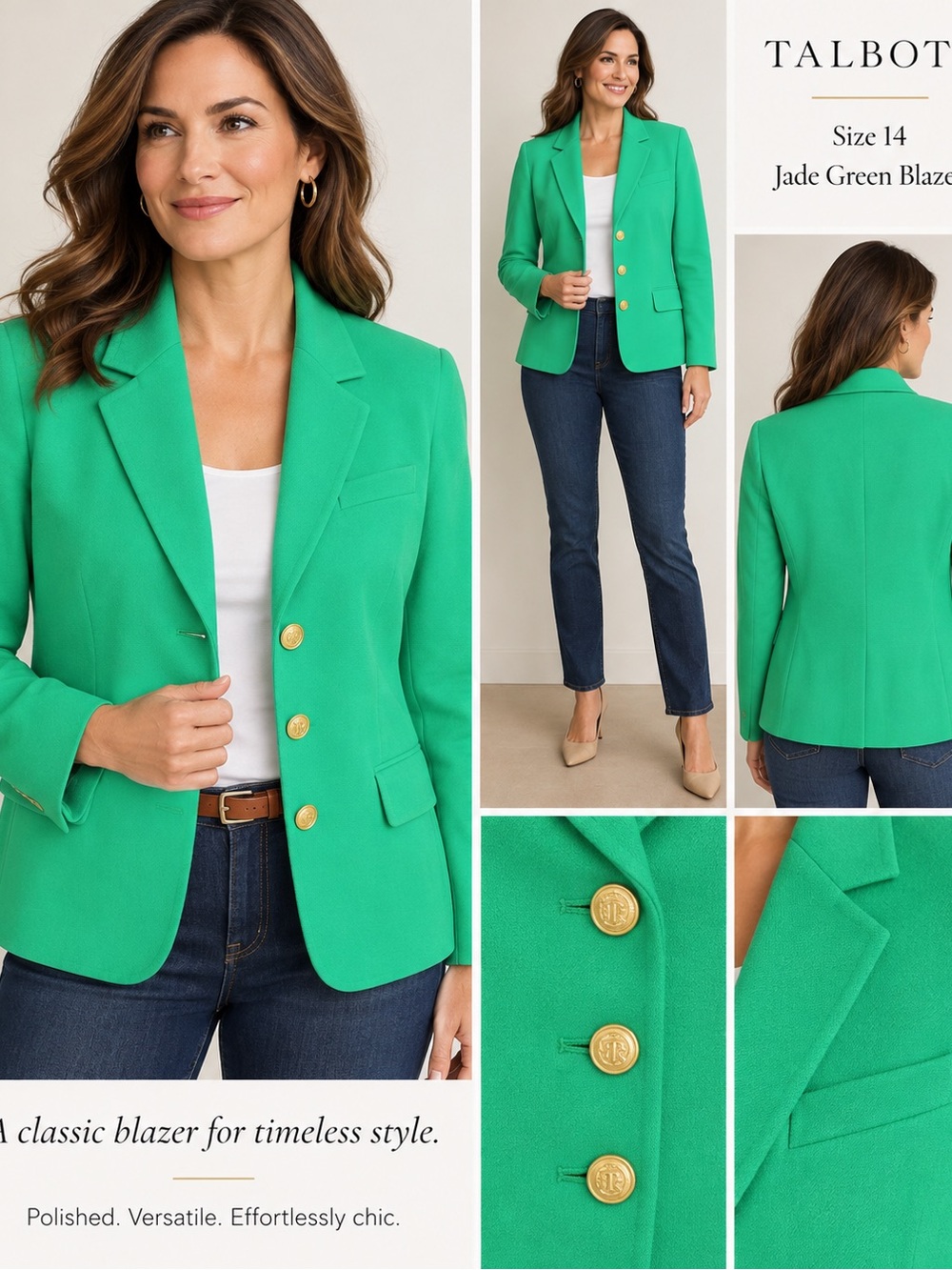 Talbots Jade Green Single-Breasted Blazer with Gold Buttons
